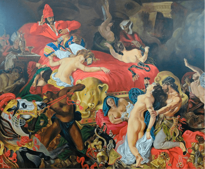 Costera Criolla (Batalla de Abukir, de Antoine Jean Gros, 1806 e Idilio Criollo, de Jean Léon Palliere, 1861)”, 240x410 cm., Técnica Acrílico s...