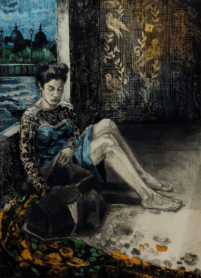 Paula Cecchi "El cielo en la vereda carbonilla", tinta y pastel al oleo sobre papel 100 x 70 cm 2014
