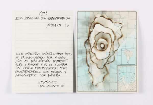 Horacio Zabala, Seis imágenes del fragmento 30 (Argentina) III, 1973, Mapas impresos quemados y texto manuscrito, 42 x 53,5 cm
