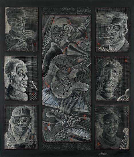 Eduardo Gualdoni - CABA - Músicos - 150 x 130 - esgrafiado sobre madera 2010