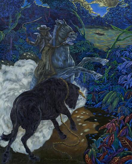 Victor Quiroga - tucumán - Oliverio y el toro negro de la laguna del tesoro - 160 x 132 oleo sobre tela 2010