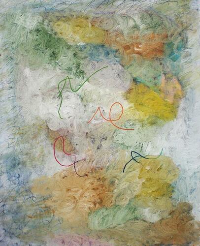 "Picnic con viento" 2020, óleo y pastel sobre lienzo 63 x 50cm