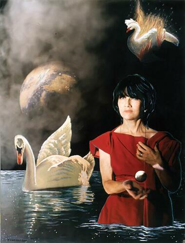 FFJK.Mildred Burton; El cisne en llamas ( Los cuatro elementos hablan de amor y generosidad de la artista) 1990,Federico KLEMM