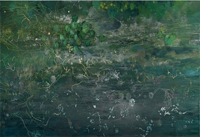 Corriente oceánica, 2012. 2, pastel tiza, pastel óleo, grafito, pasteles y lápices metalizados, 70 x 150 cm