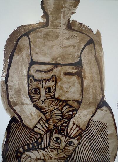 78) Mujer con gatos.  Alquitrán sobre papel. Barcelona