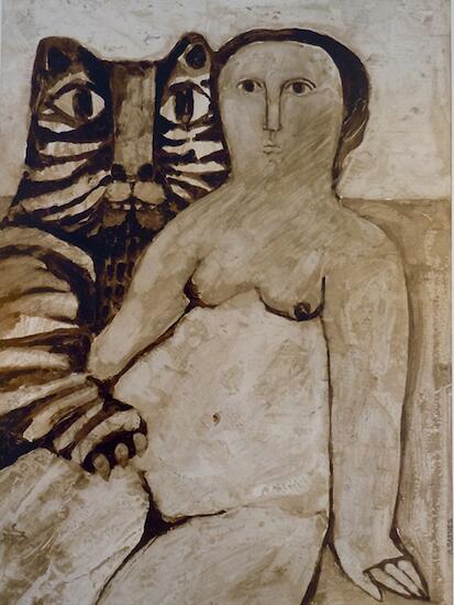 Mujer con tigre. Alquitrán sobre cartulina. Barcelona