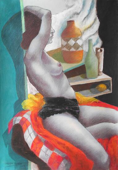 "Desnudo entre Rojos", Pastel