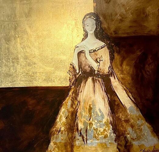 “Mujer de Oro” Oleo y láminas de oro y plata 150 x 140 cm