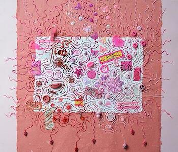 "capicua pasion energy ouch" bordado con objetos sobre papel 62 x 52 cm 