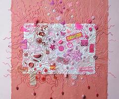 "capicua pasion energy ouch" bordado con objetos sobre papel 62 x 52 cm 