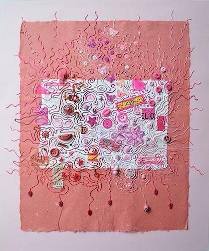 "capicua pasion energy ouch" bordado con objetos sobre papel 62 x 52 cm