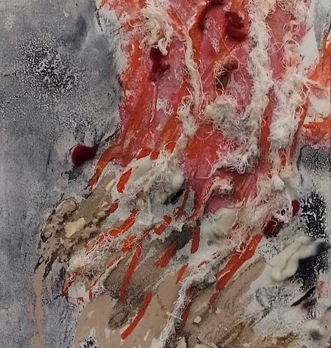"Sinfonía en Barro y Fuego" Cerámica y Pintura con Técnicas mixtas, barro y trozos de arcilla, sobre bastidor. 2024 (Detalle de obra)