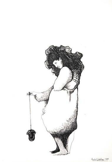 Jugando con su monedero, 1988, Tinta sobre papel, 70 x 50 cm