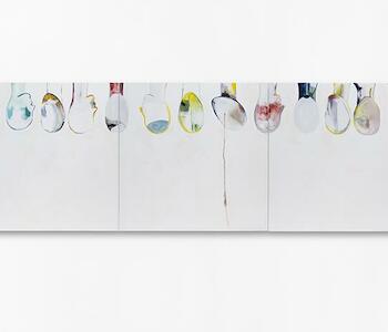 Francisca Amigo "Lloronas" Oleo, acrilico y lapiz sobre tela, 100 x 300 cm, 2025 (1)