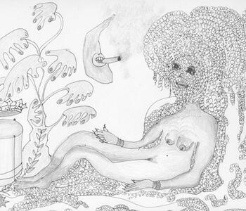 Homeopatía, ansiedad y el cuento interno (Fumando en la chaisse longue), microfibra y grafito sobre papel, 23,8 x31,7 cm, 2019 