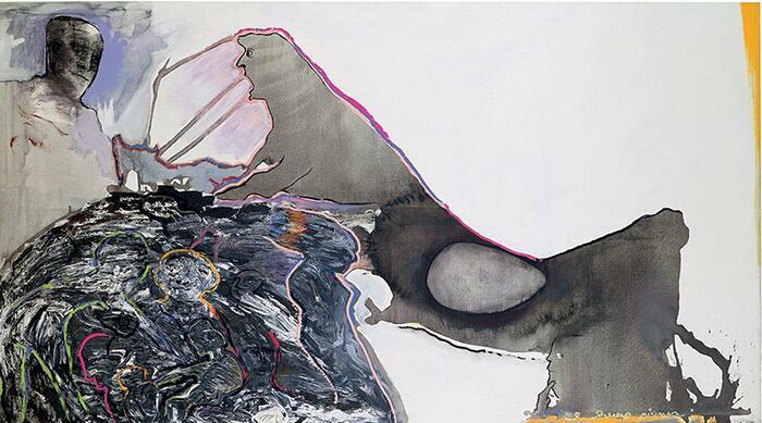 Jeroglífico metafísico rioplatense, Acrílico y tinta sobre tela, 147 x 260cm, 1992. Colección MNBA