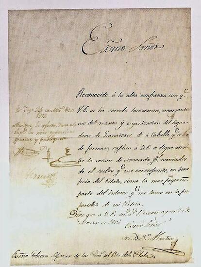 SAN MARTÍN, José de: Donación de su sueldo y formación del Cuerpo de Granaderos. Autógrafo.