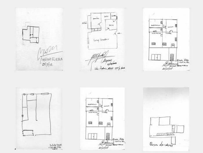 Dibujos de planos habitacionales realizados por costureros