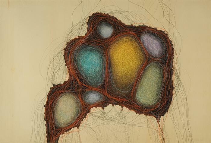 Dibujo N° 1 (Serie Biocosmos), Autor: Renart, Emilio, Fecha: 1966, Técnica: tinta, Témpera sobre papel, Medidas: 76 x 115 cm. Con marco: 90,5 x 125 cm.