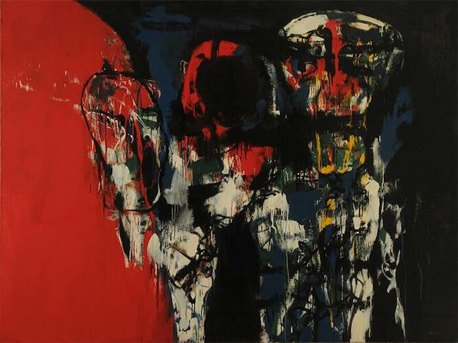 Adan y Eva N° 2, Autor: Deira, Ernesto, Fecha: 1963, Técnica: Óleo, esmalte sintético, Objeto: Pintura sobre tela. Medidas: 195 x 260 cm