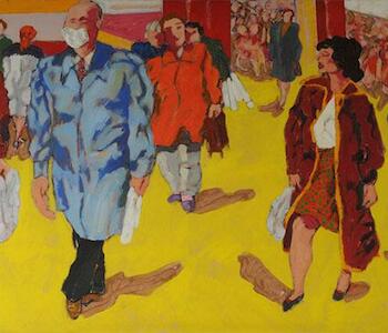 La muchacha entra en la ciudad, Gorriarena, Carlos, Fecha: 1990, Técnica: Acrílico sobre tela, Medidas: 140 x 265 cm. 