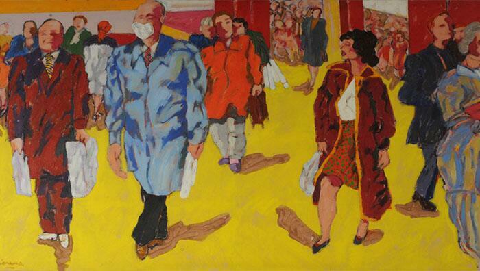 La muchacha entra en la ciudad, Gorriarena, Carlos, Fecha: 1990, Técnica: Acrílico sobre tela, Medidas: 140 x 265 cm. 