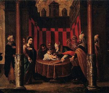 La circuncisión (ant. Adoración de los Reyes Magos)  Autor: Anónimo. Origen: Depósito Romero, Ant. a 1950, Fecha: Fines del siglo XVII, principios del siglo XVIII. Técnica: Óleo. Objeto: Pintura sobre tela. Medidas: 76 x 98 cms.