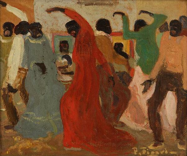 Candombe ó Candombe de carnaval, Figari, Pedro. Fecha: c. 1932. Técnica: Óleo sobre cartón. Medidas: 32 x 38,5 cm. 