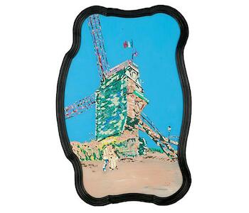 Le moulin de la Galette, Autor: Laren, Benito Eugenio, Fecha: 1994. Técnica: Técnica mixta. Objeto: Pintura sobre vidrio. Medidas: Obra: 74 x 48 cm. Marco de espejo negro: 80 x 55 cm. 