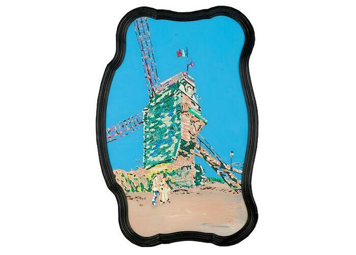 Le moulin de la Galette, Autor: Laren, Benito Eugenio, Fecha: 1994. Técnica: Técnica mixta. Objeto: Pintura sobre vidrio. Medidas: Obra: 74 x 48 cm. Marco de espejo negro: 80 x 55 cm. 