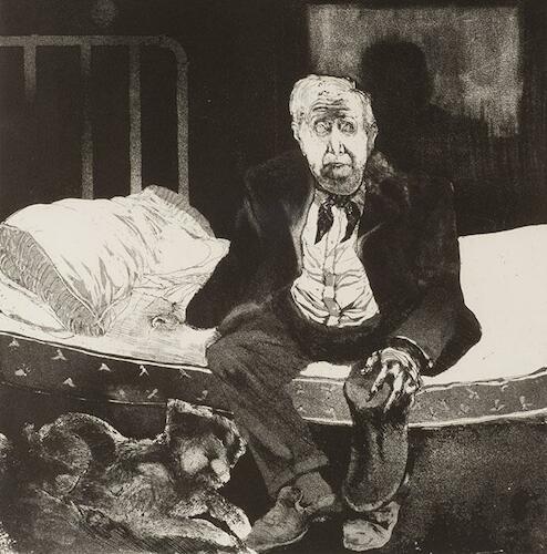 Retrato de Lino Enea Spilimbergo. Autor: Alonso, Carlos. Fecha: 1974. Técnica: Aguafuerte, Punta seca.  Objeto: Grabado sobre papel. Medidas: 71 x 50,4 cm. Plancha: 35,3 x 34 cm.