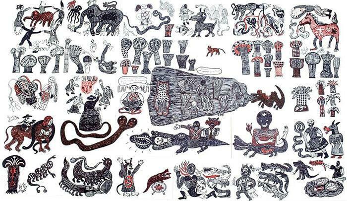 Rondas (un escorpión llamado ciempiés) políptico de 35 dibujos de tinta sobre papel, año 2015