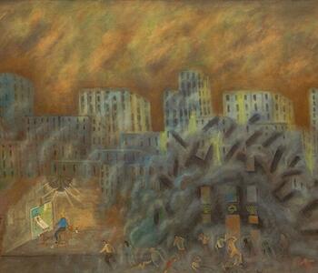 Sufriendo la intolerancia el 18 de julio de 1994 (1998), de Santiago García Sáenz (Buenos Aires, 1955–2006). El óleo sobre tela, de 142 × 190 cm. Foto: Ignacio Iasparra