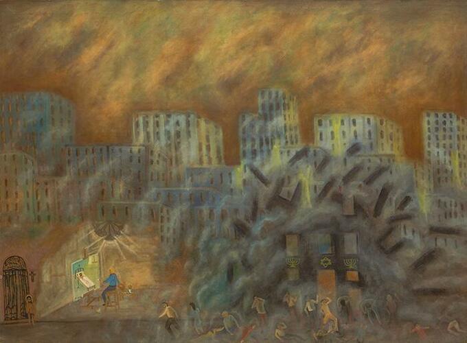 Sufriendo la intolerancia el 18 de julio de 1994 (1998), de Santiago García Sáenz (Buenos Aires, 1955–2006). El óleo sobre tela, de 142 × 190 cm. Foto: Ignacio Iasparra